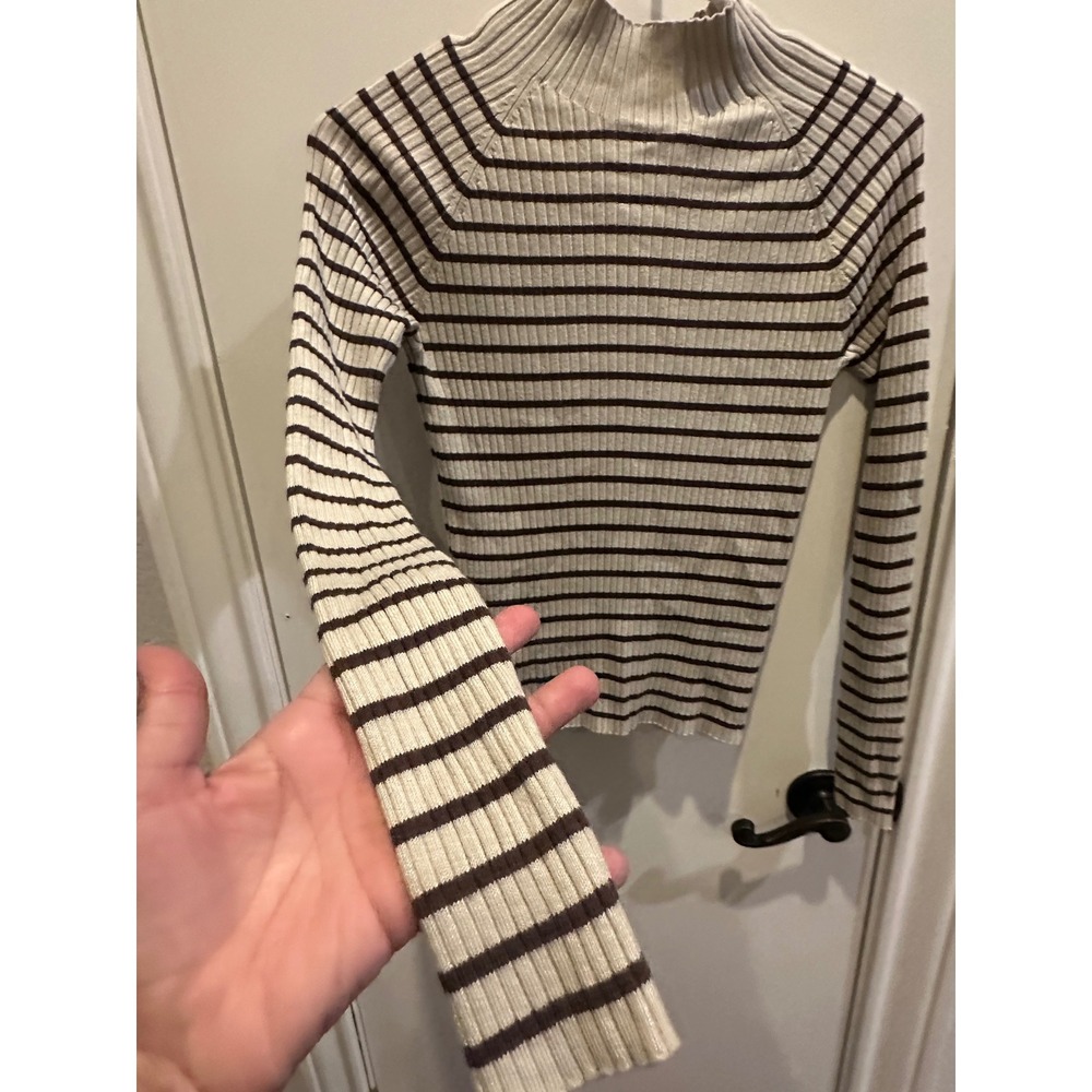 Hooked Up Womens Mock Neck Ribbed Knit Striped Sweater Cream Brown Small - Picture 3 of 6